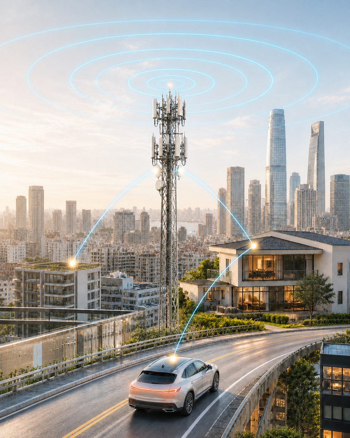AI 生成之情境示意圖 電信基地台連結城市與智慧裝置情境示意