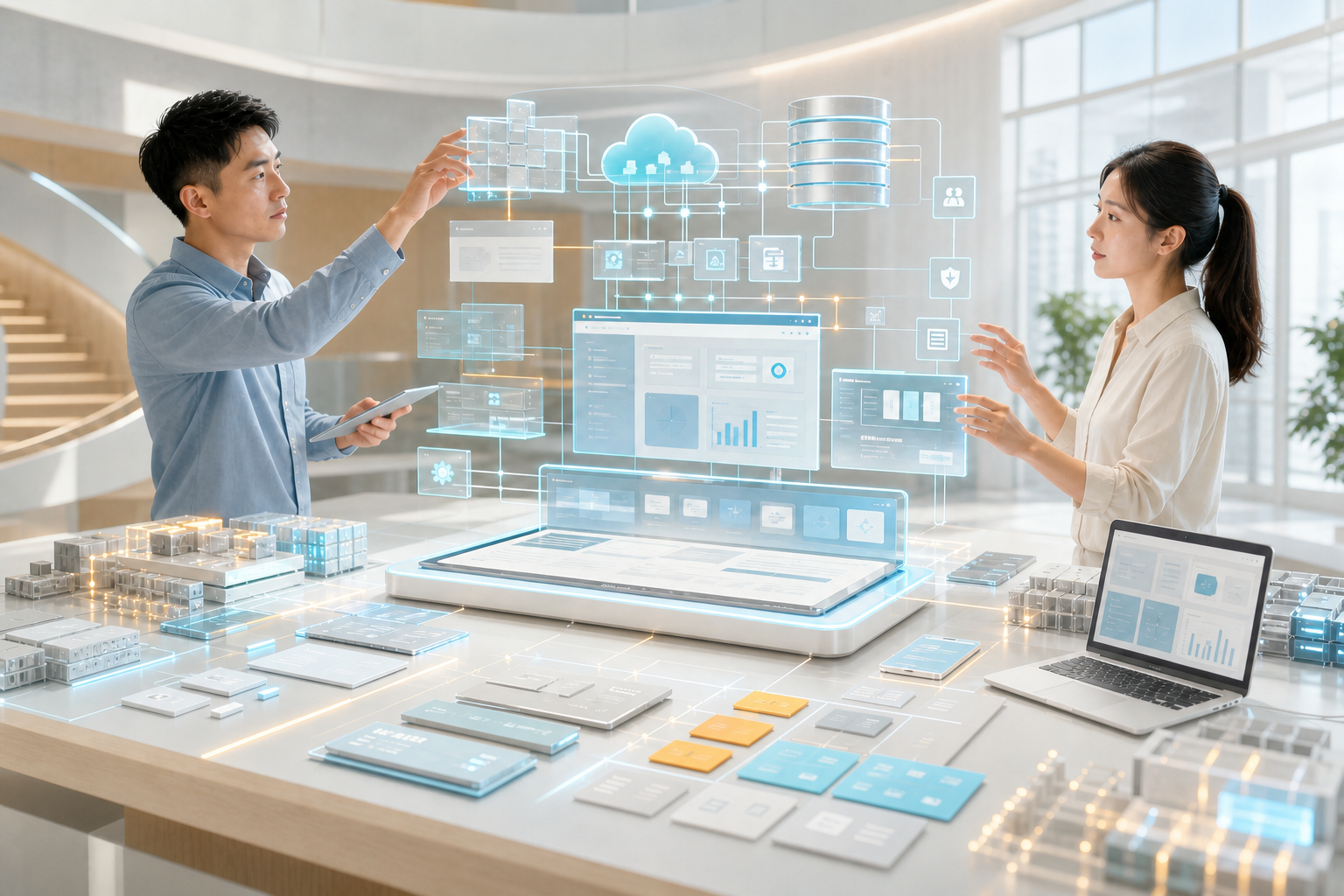 AI 生成之情境示意圖 軟體模組逐步建置為完整企業系統的情境示意
